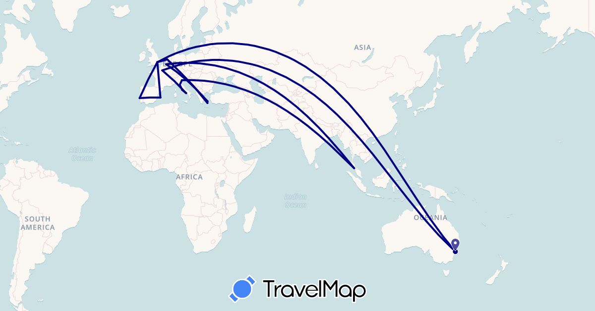 TravelMap itinerary: driving in Australia, Belgium, Germany, Spain, France, United Kingdom, Greece, Italy, Malaysia, Netherlands, Portugal (Asia, Europe, Oceania)